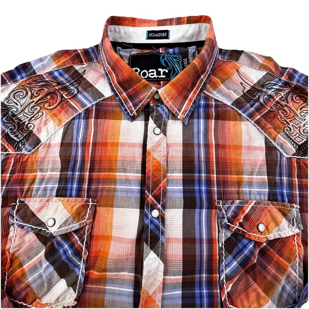 Roar Signature Western Shirt Mens 3XL Orange Pearl Snap Embroidered Puffy Logo